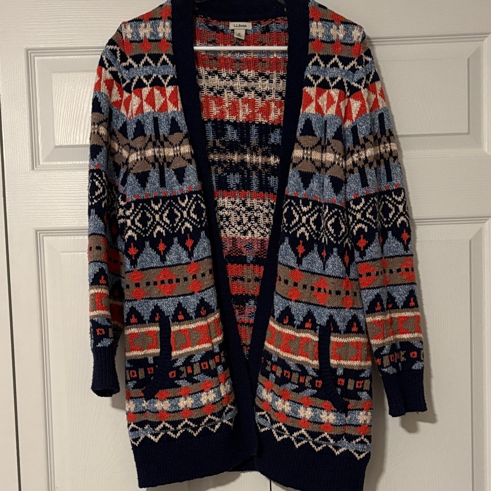L.L. Bean Multicolor Cotton Ragg Patterned Open Cardigan